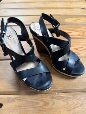 Vince Camuto Black Leather Espadrille Wedge Sandals Ankle Strap Women’s 7.5